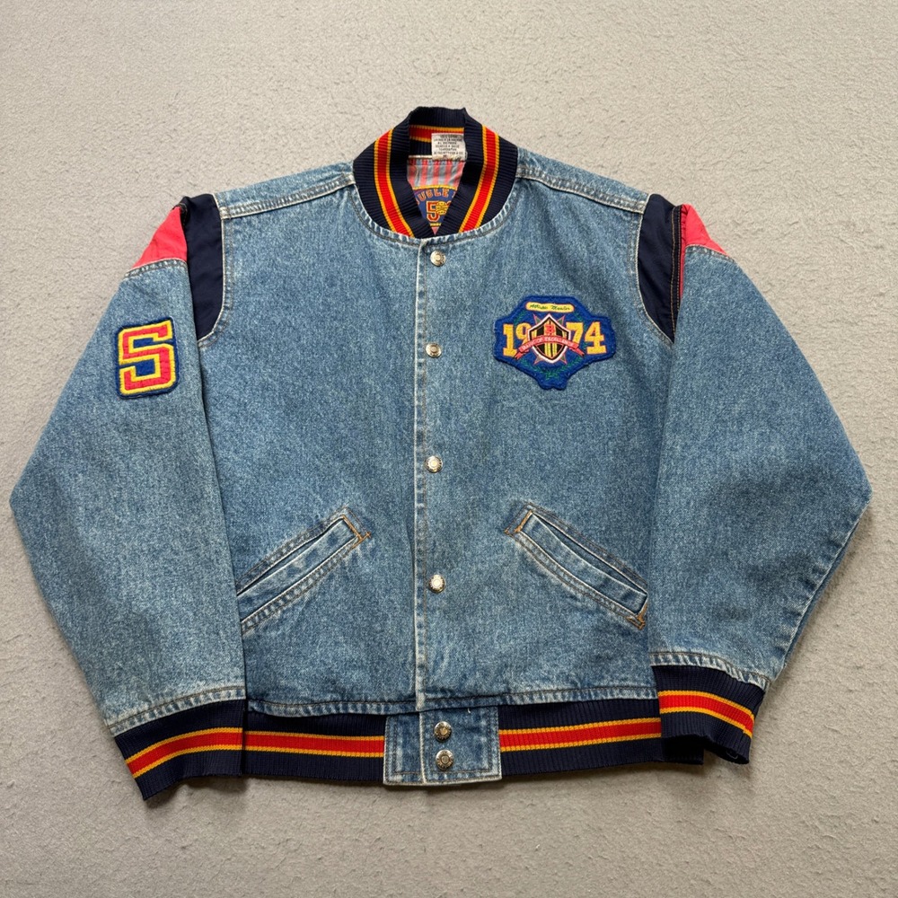 Bugle Boy Denim Varsity Bomber Jacket Mens S Blue Chenille Patch Vintage 90s
